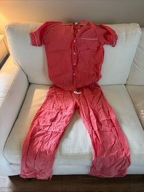 Women’s Coral Pink Color Cotton Stars Above PJ Set Top Small Bottoms Medium